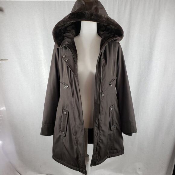 Andrew Marc Jacket Women XS Brown Anorak w/ Faux Fur Water Resistant Long Length - Picture 2 of 15